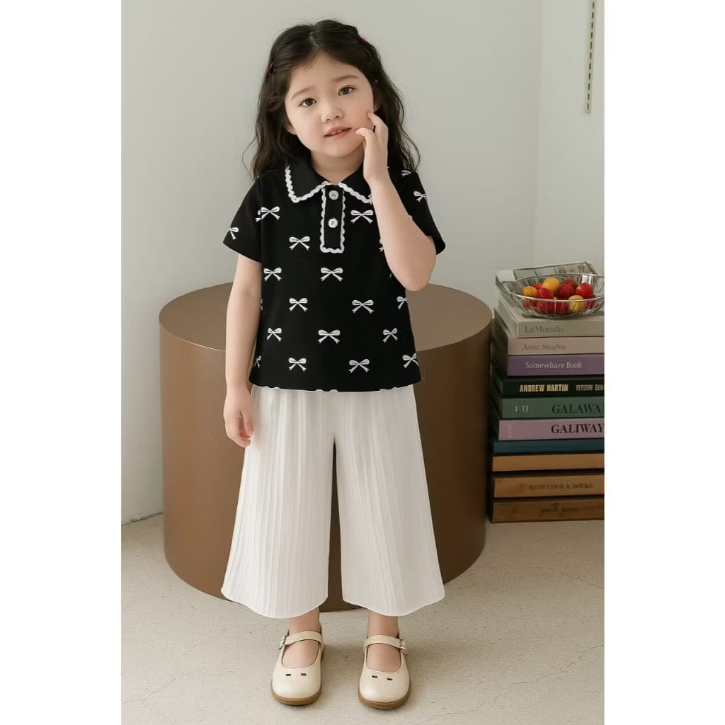 PREORDER Lyshaa - Collar Top Ribbon With Pants Set Black