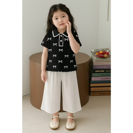 PREORDER Lyshaa - Collar Top Ribbon With Pants Set Black