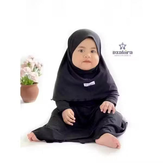 PREORDER Dzakira - Kia Baby Gamis with Hijab Hitam S (1-2y)